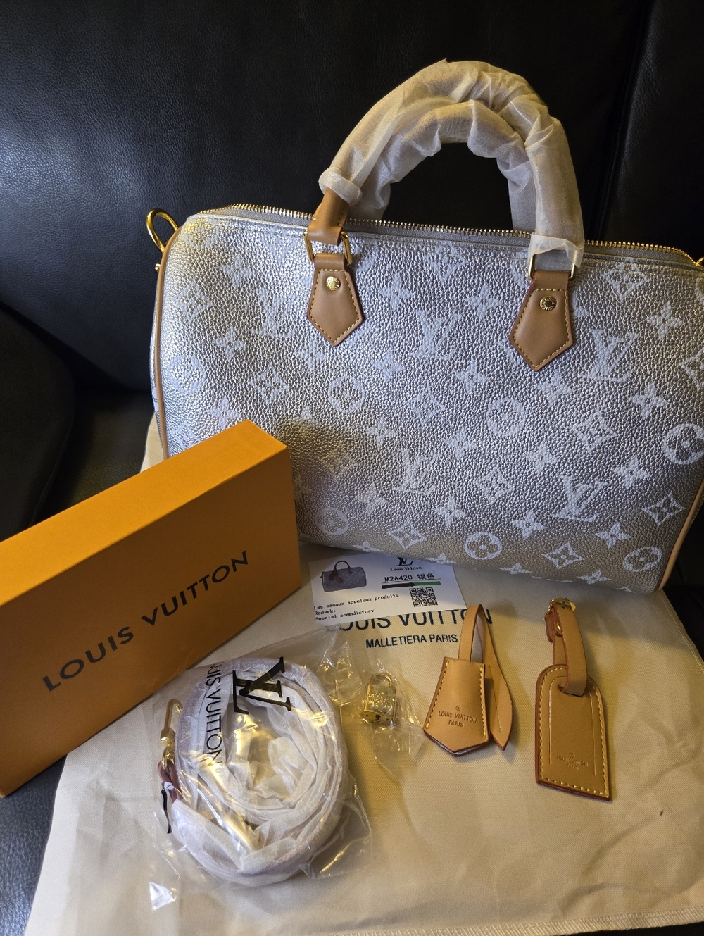 Silver & White Monogram Satchel Handbag W/ Dustbag (+4 Accessories)